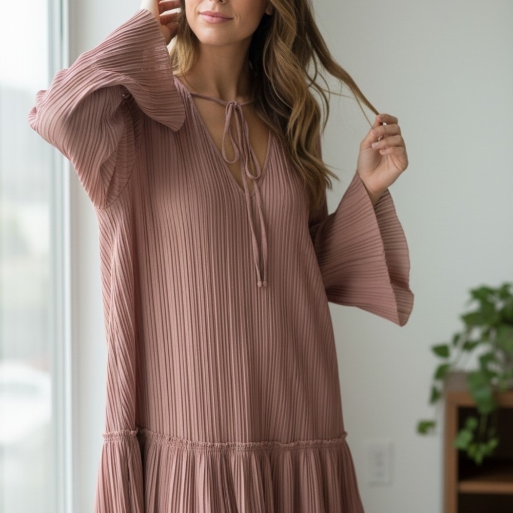 Free People Can't Help It Pleated Bell Sleeve Mini Dress Mauve Size M